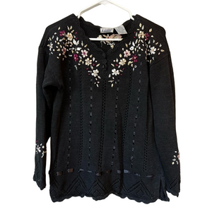 Vintage Black Embroidered Floral Sweater L Ramie Cotton 90s